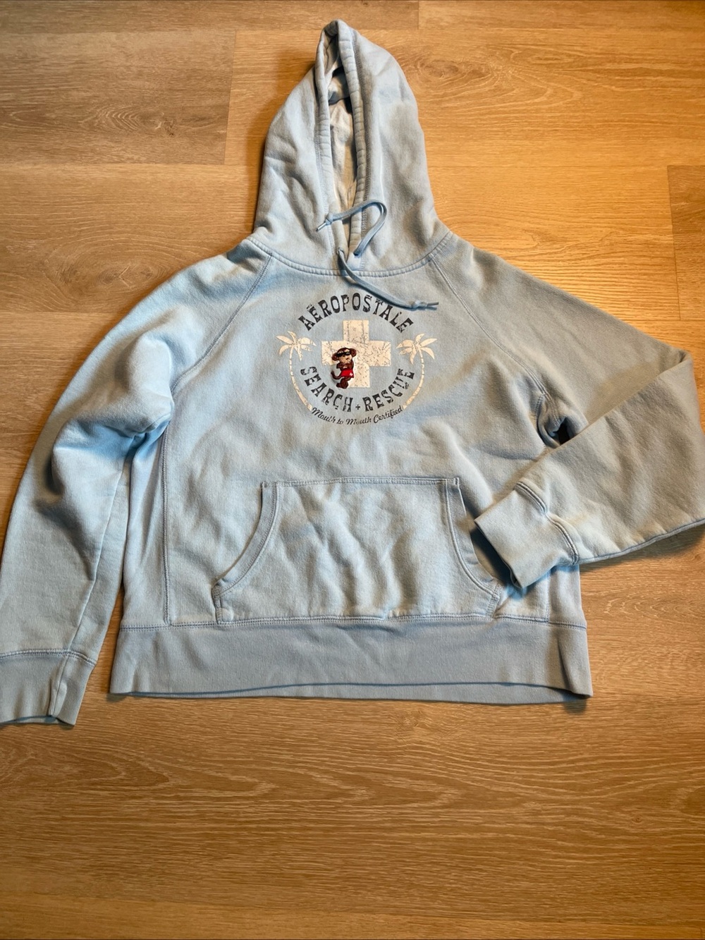 Vintage AEROPOSTALE Y2K 2000s Baby Icy Blue Hoodie Embroidered Lifeguard Monkey